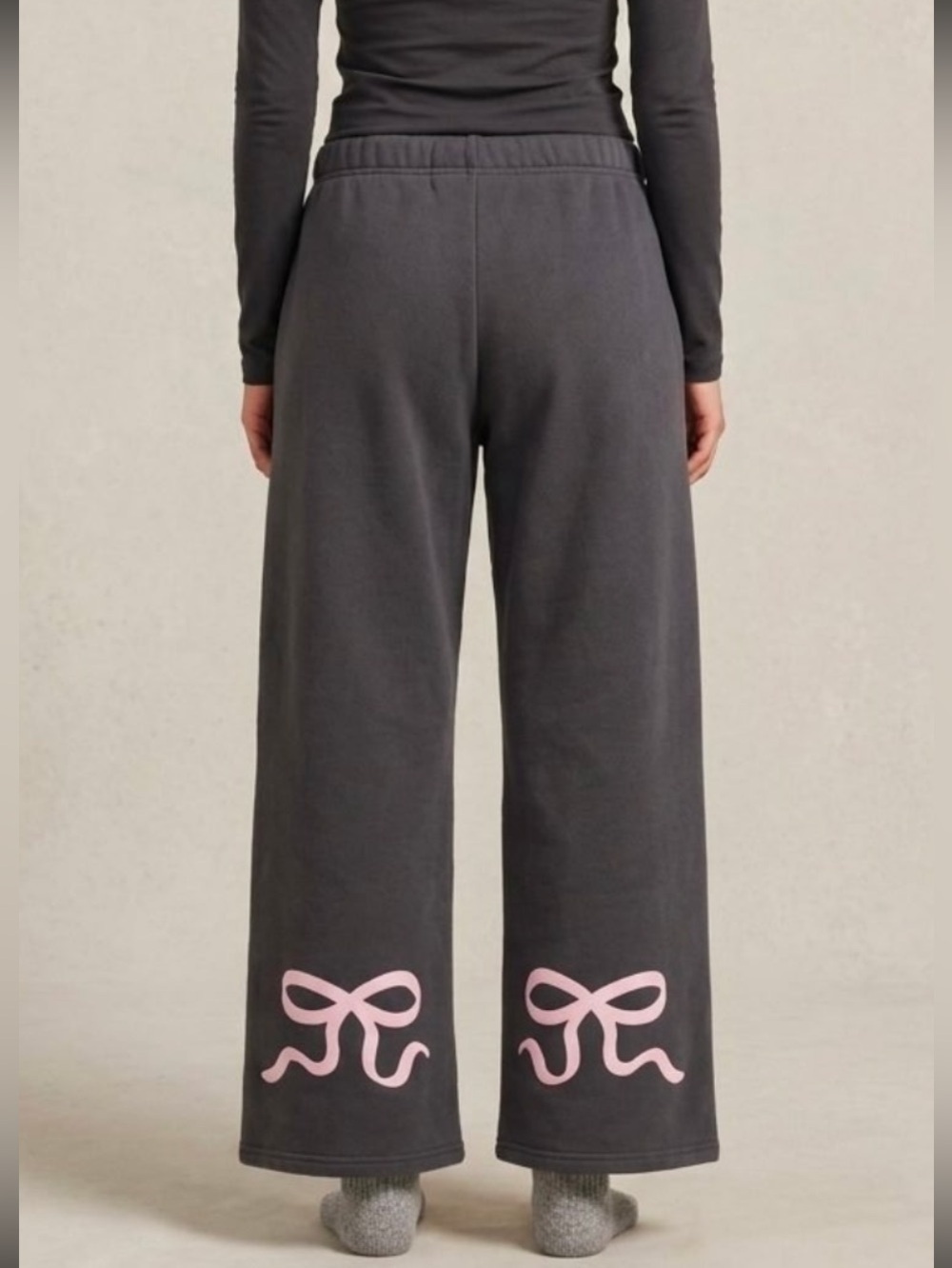Edikted Gray Wide Leg Pants with Pink Bow Hem Accents